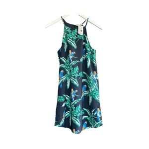 Tropical Parrot Print Halter Dress Cotton Blend A-Line, Lined Size S